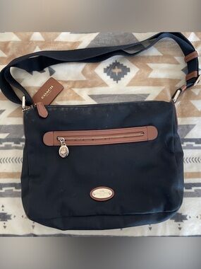 Coach Black Nylon Messenger Bag with Brown Leather Trim